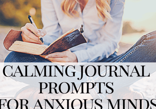 woman sits writing in journal using calming journal prompts